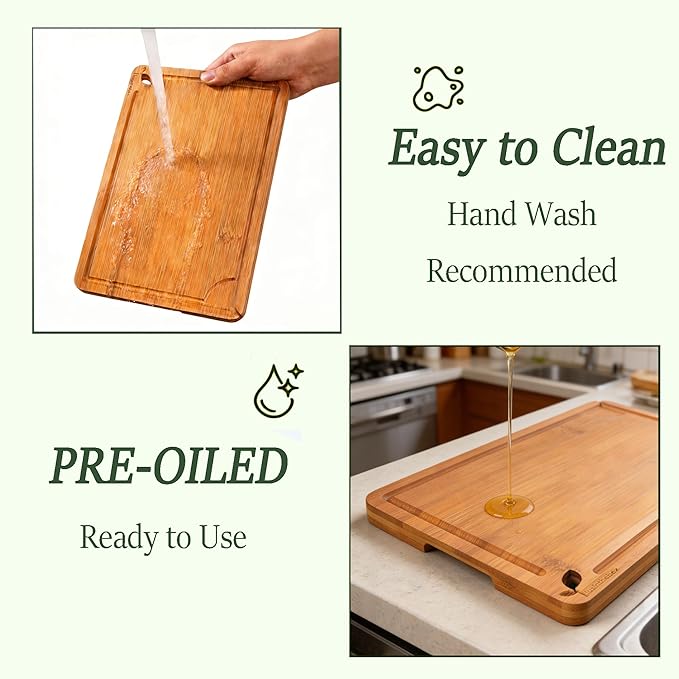 Cutting Board for Kitchen Meal Prep and Serving, Carbonized Bamboo Wood Butcher Block Chopping Board with Deep Juice Grooves and Side Handles for Meat, Bread, and Dough Kneading