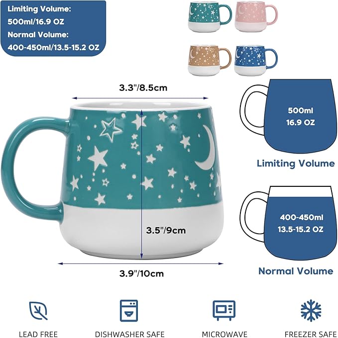 Schliersee Moon and Star Coffee Mugs Set of 4, 16 OZ Porcelain Mug, Cute Tea Cup, for Latte, Tea, Cappuccino, Mocha, Cocoa, Espresso Cup Mug Present, Microwave Safe and Dishwasher Safe