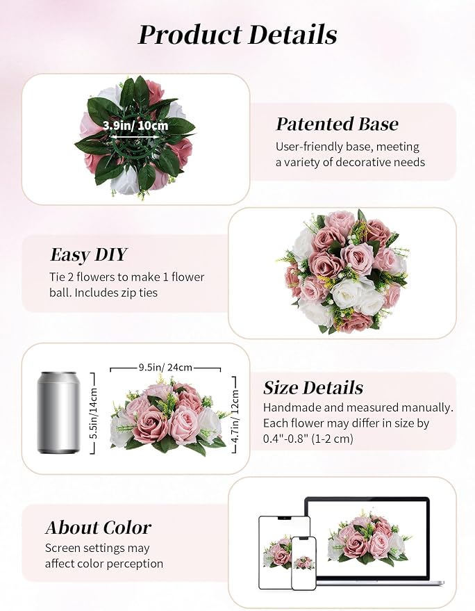 BLOSMON Dusty Rose Flowers Centerpieces: 6 Pcs Pink Roses Artificial Flowers Balls for Wedding Dinning Table - Fake Silk Kissing Floral Arrangement for Home Party Event Decor