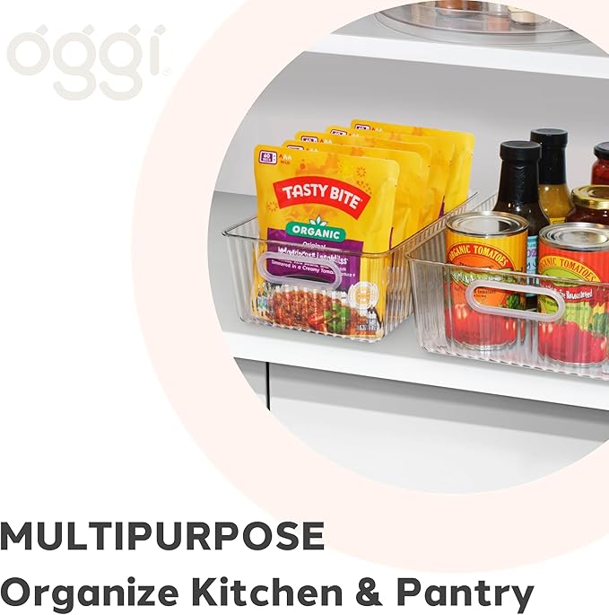 Oggi Set of 5 Clear Fluted Storage Bins with Handle - Durable Plastic Organizers for Fridge, Pantry, Cabinets & Countertop, Modern Farmhouse Style, 5 Sizes for Kitchen Organization and Storage