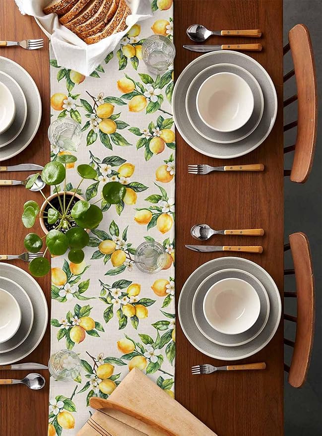 Spring Yellow Lemon Table Runner 72 Inch Long Dresser Scarves Summer Lemons Floral Cotton Linen Tablerunners Italian Farmhouse Dining Kitchen Burlap Table Setting Decor for Party Holiday Home, 16"x72"