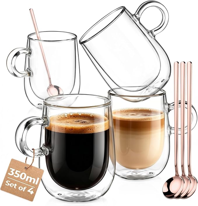 glastal 12 oz Double Walled Glass Coffee Cups Set of 4 Cappuccino Cups with Handle, Clear Double Wall Latte Coffee Mugs Milk Tea Cup, German Quality