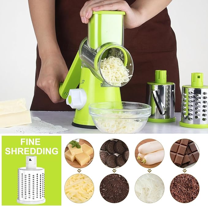 Cambom Rotary Cheese Grater Hand Crank Cheese Shredder for Fresh Cheese, Vegetable, Nuts,Non-slip Suction Base，Three Blades,Green