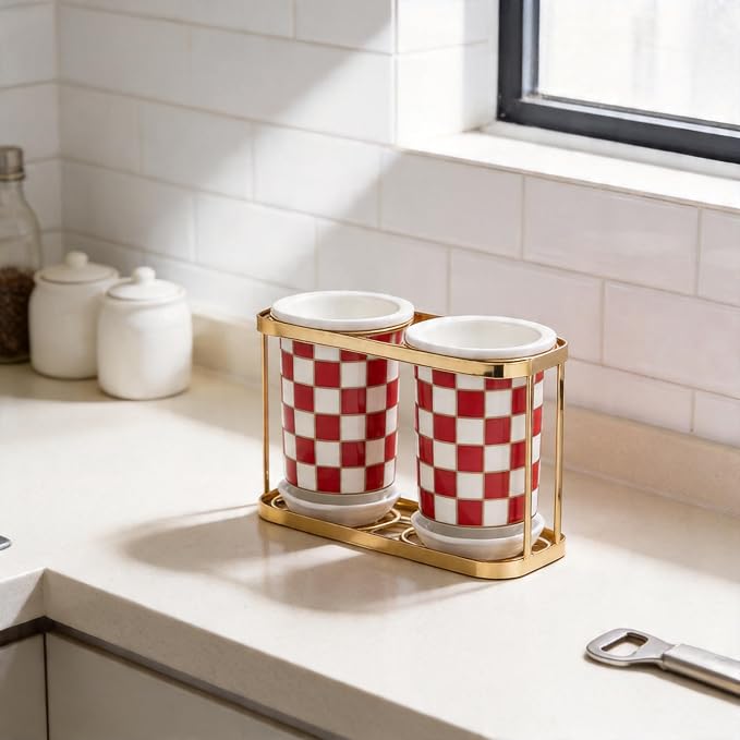 Ceramic Checkered Utensil Crocks with Gold Metal Rack, Black & White Grid Kitchen Utensil Storage, Farmhouse Kitchen Decor, Flatware Organizer & Home Accessory (Red)