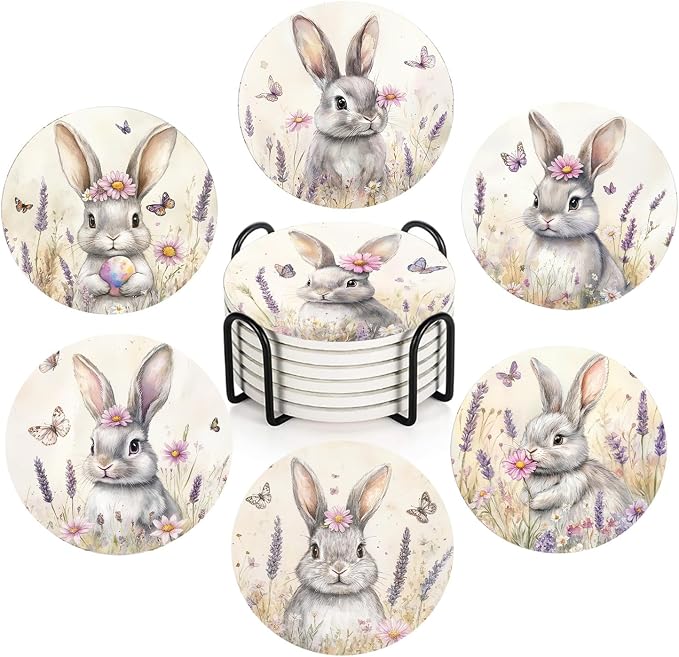 Easter Cute Bunny Rabbit Coasters Set of 6 for Drinks, Round Absorbent Ceramic Stone Coaster with Metal Holder, Pink Daisy Spring Coasters with Cork Base for Coffee Party Home Decor Gifts