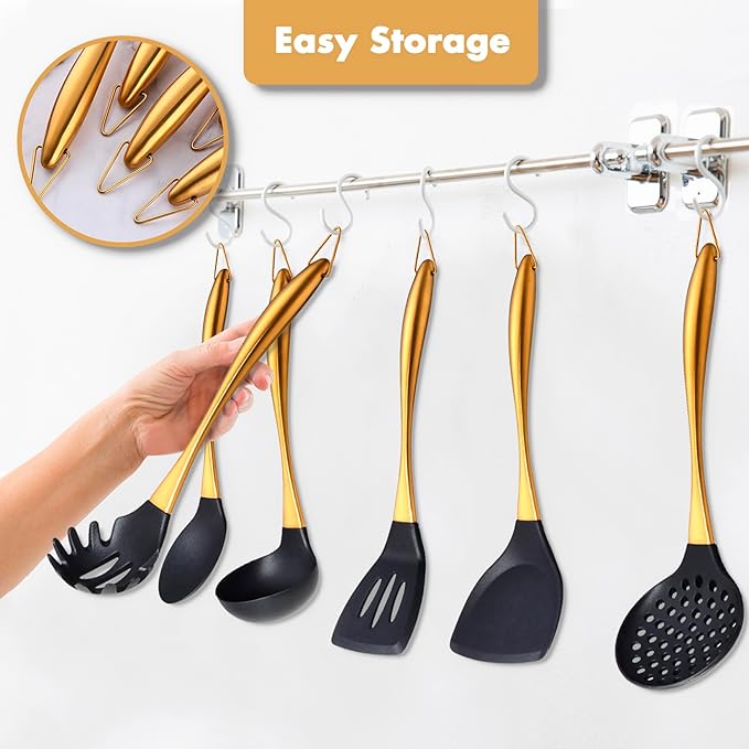 9Pcs Kitchen Utensil Set with Stainless Steel Handle (Gold)