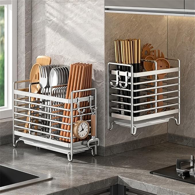 Stainless Steel Wall Mounted Utensil Holder and Countertop Drying Rack with Drain Tray for Kitchen Forks Spoons Chopsticks Silver 3 Compartments(3 Compartments)