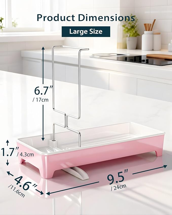 Minimalist Sink Caddy, Rustproof Sponge Holder for Kitchen Sink with 304 Stainless-Steel Brush Holder, Countertop Rack Organizer with Raised Ridges & Silicone Drain Tube (Blush Pink, Large)