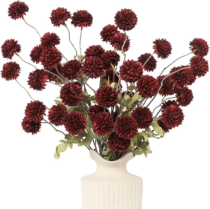 DuHouse 9pcs Artificial Flowers Faux Silk Pompon Mum,Silk Small Mini Chrysanthemum Ball with Stems for DIY Wedding Bouquets Centerpieces Vase Home Table Kitchen Decorations(Burgundy)