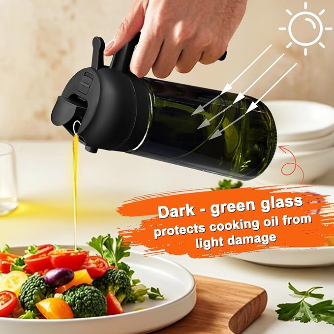 mqnxoi Oil Sprayer for Cooking, 2 in 1 Olive Oil Dispenser Bottle for Kitchen, 16oz/470ml Premium Glass, Food-grade Oil Mister for Air Fryer, Salad, Frying, BBQ (Black + Dark Green Bottle)