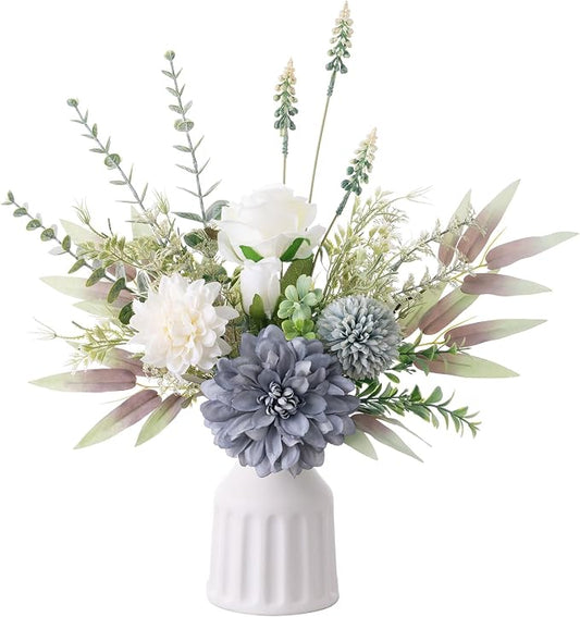 Fake Flowers in Vase, Artificial Flowers with Vase, 15.7'' Floral Arrangements for Dining Table Centerpiece Decor, Silk Roses & Faux Dahlia Bouquet for Farmfouse Kitchen Coffee Table Decor (Blue)