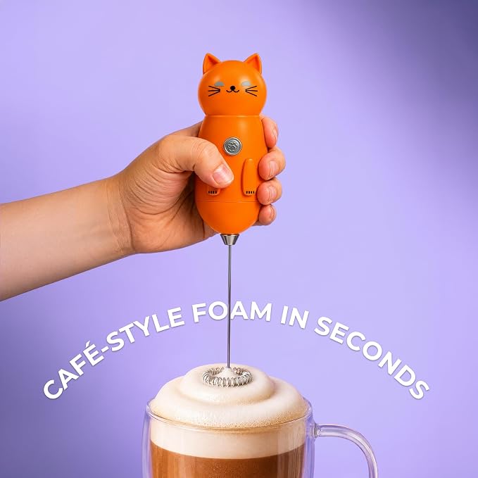 Zulay Kitchen Cat Milk Frother Wand – Cutesy Frother, Meet Your New Frothing Buddy Tiger The Cat, Adoption Papers and Stickers Included, Purrr-fect for Lattes, Cappuccino & Matcha – Orange