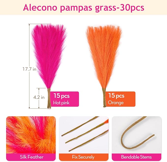 Alecono Pampas Grass 17in 𝟯𝟬𝙋𝙘𝙨, Orange and Hot Pink Artificial Faux Fluffy Pampas Grass Decor for Home Wedding Centerpieces Party