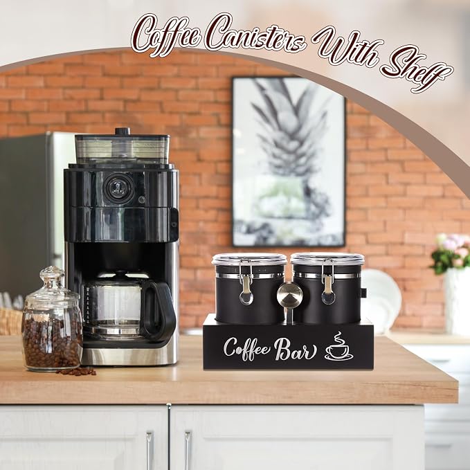 Maxcheck 2 Pcs 66 oz Coffee Sugar Canisters with Shelf & Scoop, Easter Gifts Airtight Stainless Steel Container with Lids, Home Kitchen Food Storage Jars for Grounds, Beans, Tea, Cereal(Black)