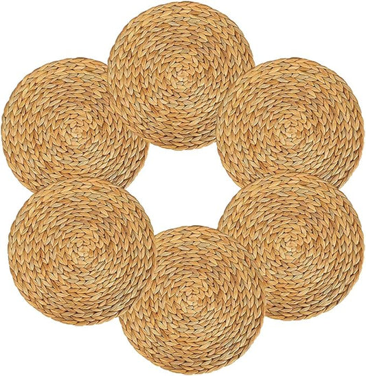 6 Pack Woven Placemats, Natural Water Hyacinth Weave Placemat Set Round Braided Rattan Tablemats Insulation Pads for Cooking and Baking (6, 13.5 Inch)