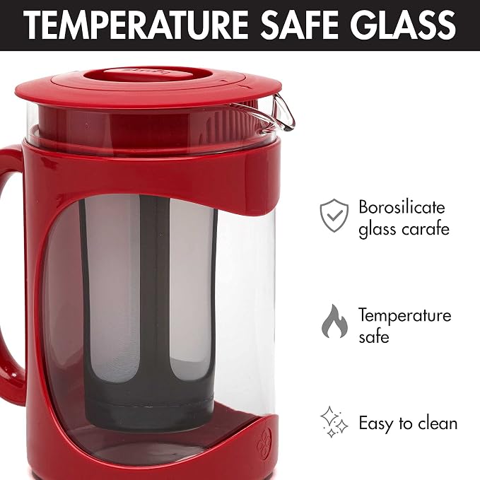 Primula Burke Deluxe Cold Brew Iced Coffee Maker, Comfort Grip Handle, Durable Glass Carafe, Removable Mesh Filter, Perfect 6 Cup Size, Dishwasher Safe, 1.6 qt, Red