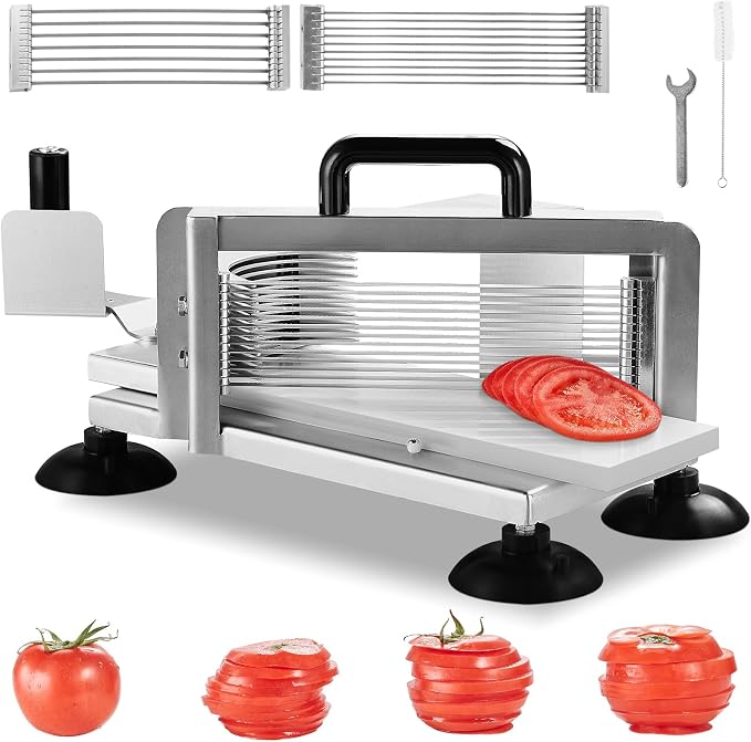 VEVOR Commercial Tomato Slicer, 1/4"+3/8"+3/16" Tomato Cutter Slicer, Stainless Steel Heavy Duty Tomato Slicer Machine, Manual Tomatoes Slicer with Non-slip Feet, Cutting Tomatoes, Cucumbers, Bananas