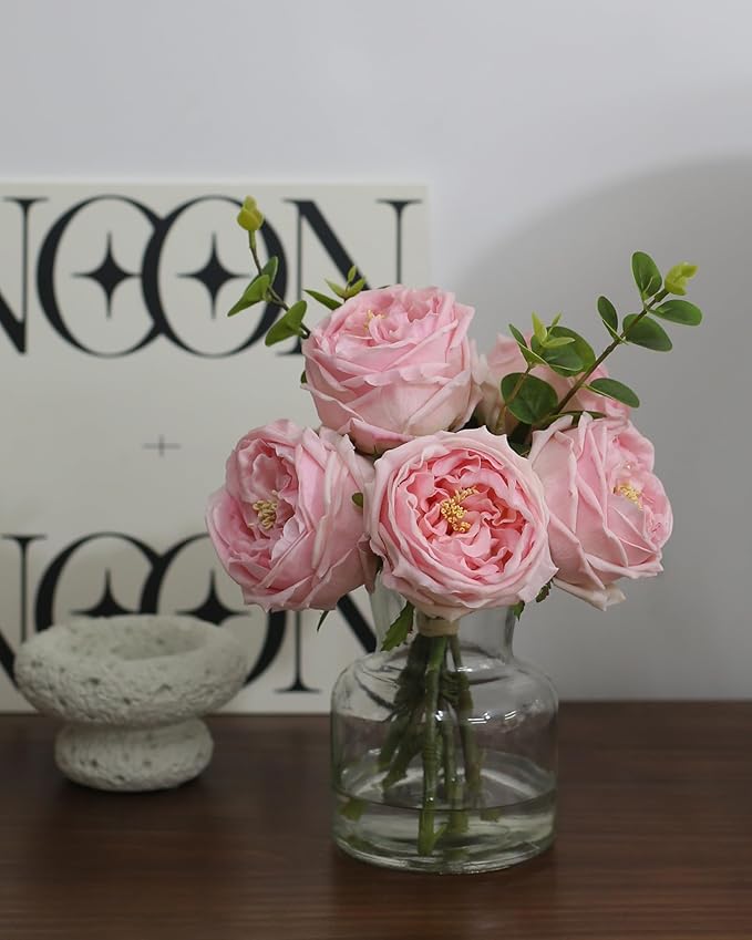 CHASMILE Artificial Flowers with Pink Roses in Vase, Lifelike Fake Flowers in Vase, Faux Flower Arrangements for Dining Table Centerpiece Decor, Table Centerpieces for Dining Room
