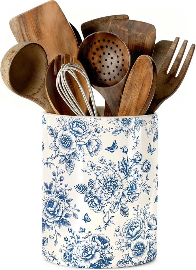 Chinoiserie Floral Utensil Holder, Ceramic Kitchen Utensil Holder, Utensil Crock for Home Kitchen Countertop Storage Organizer Container, Large Holder for Spatulas, Spoons, Kitchen Counter Decor, 6"