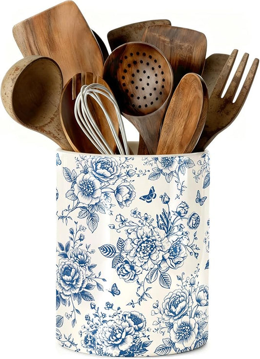 Chinoiserie Floral Utensil Holder, Ceramic Kitchen Utensil Holder, Utensil Crock for Home Kitchen Countertop Storage Organizer Container, Large Holder for Spatulas, Spoons, Kitchen Counter Decor, 6"