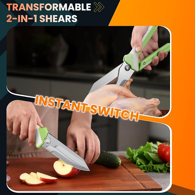 Heavy Duty Poultry Shears, 2-in-1 Ambidextrous All Purpose Kitchen Scissors (Converts to Knife), Non-Slip Handle, Safety Lock & Magnetic Protective Sheath