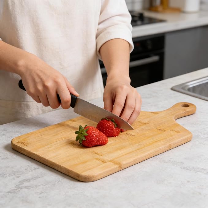 Small Bamboo Cutting Board for Kitchen (13'' x 6.5''), Wooden Cutting Board with Handle, Charcuterie Board, Cheese Board, Decorative Wooden Serving Board