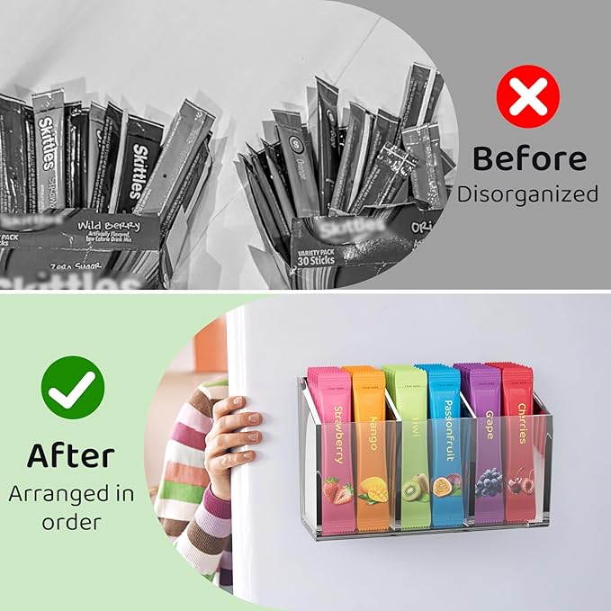 Drink Packet Organizer, Magnetic Water Packet Organizer for Fridge, Premium Acrylic Drink Mix Holder Container with 3 Compartments for Kitchen Organizers and Storage