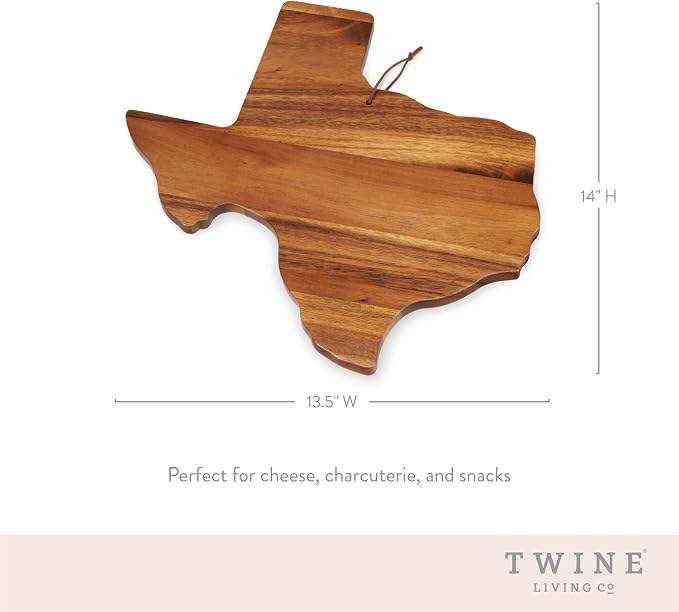 Twine Texas-Shaped Acacia Wood Cheese Board - Durable Cheese, Charcuterie and Serving Platter with Hanging Loop, Perfect for Entertaining and Kitchen Décor, Texas Cutting Board, Set of 1