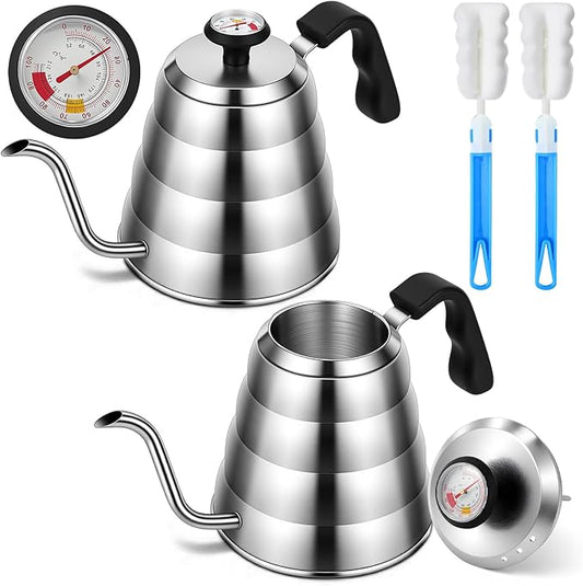 2 Sets Tea Kettle with Thermometer Pot and 2 Pcs Brushes, 40 Fl oz Stainless Steel Gooseneck Pour over Coffee Maker Teapot Pour over Coffee Kettle, 1200ml for Home Kitchen Camping