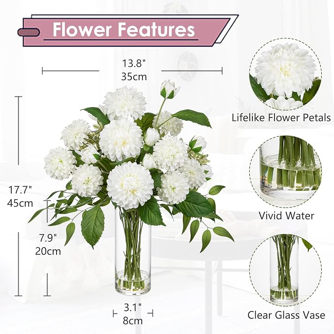 Hollyone White Fake Flowers in Vase Dahlia Artificial Flowers in Glass Vase with Faux Water Dahlia Silk Flower Arrangements for Bathroom Office Table Centerpiece Shelf Decorations Home Decor
