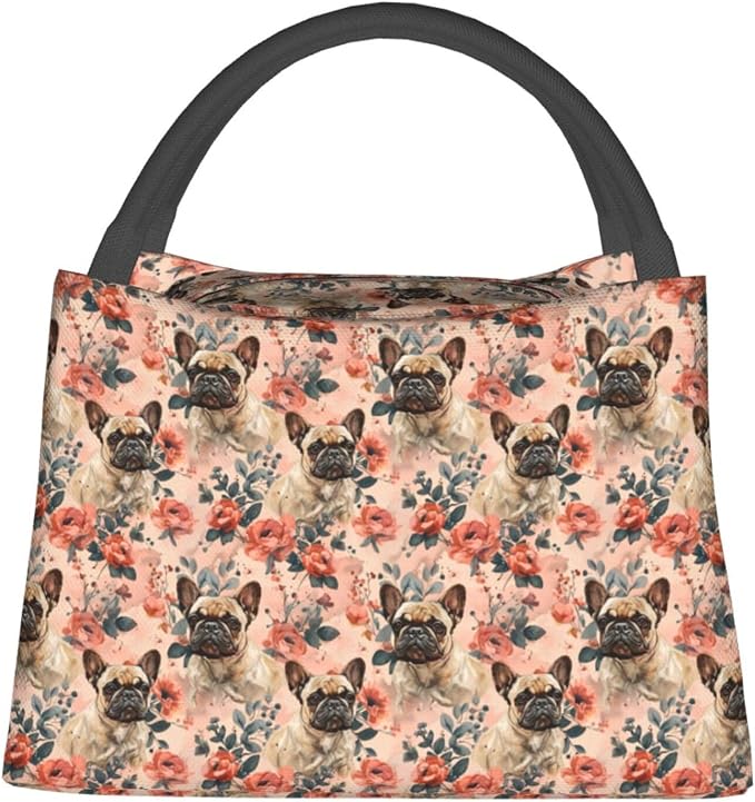 Cute French Bulldog with Floral Lunch Box for Women Girls Adults Insulated Adorable Dog and Rose Lunch Bag for Work Picnic Camping Travel Gifts Large Capacity Cooler Thermal Reusable Tote Makeup Bags