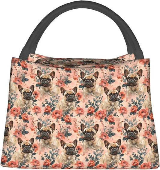 Cute French Bulldog with Floral Lunch Box for Women Girls Adults Insulated Adorable Dog and Rose Lunch Bag for Work Picnic Camping Travel Gifts Large Capacity Cooler Thermal Reusable Tote Makeup Bags