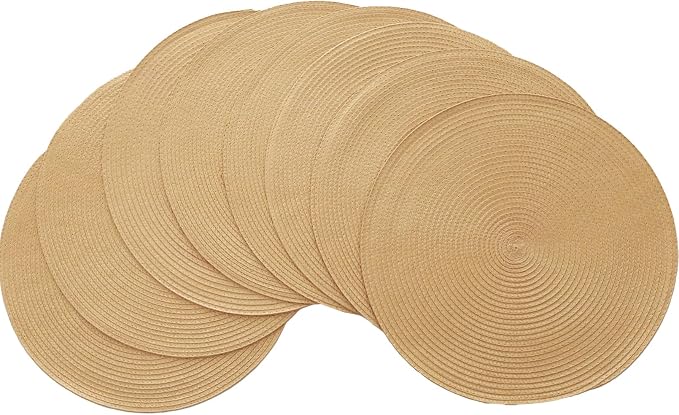 Winknowl Round Braided Placemats Set of 8 Washable Woven Heat Resistant Table Mats for Kitchen Dining Tables 15 inch Round Place Mats (Camel,8pcs)