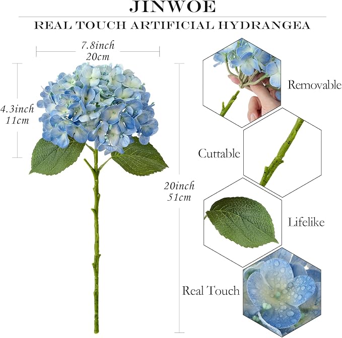 JINWOE Blue Faux Hydrangea Flowers for Decoration,4Pcs 20" Real Touch Lifelike Faux Flowers, Full Fake Artificial Hydrangeas with Stems for Bouquet Table Centerpieces Spring Home Decoration