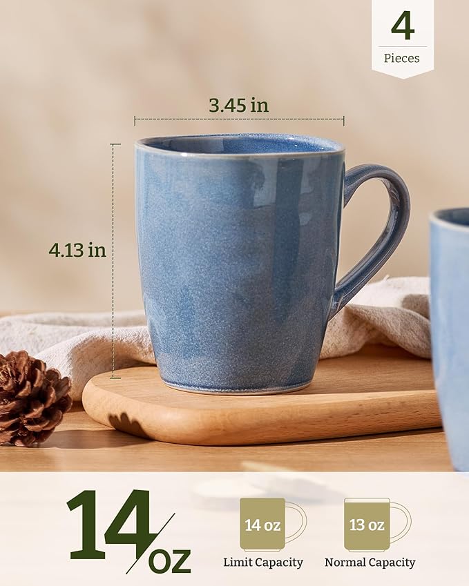 famiware Aurora Coffee Mugs, 14oz Mug Set of 4, Stoneware Mug, Cups for Kitchen, Cappuccino, Latte, Reactive Glaze, Microwave Safe, Scractch-resistant, Lagoon Blue