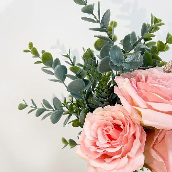 Silk Flowers with Vase, Artificial Flowers Arrangement with Glass Vase Artificial Flowers Bouquet for Decoration Table Centerpiece (Pink)