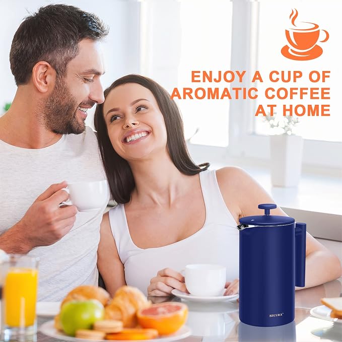 Secura French Press Coffee Maker, 304 Grade Stainless Steel Insulated Coffee Press with 2 Extra Screens, 34oz (1 Litre), Blue (Pack of 2)