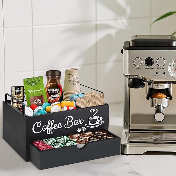 Wood Coffee Bar Organizer with Handle, Coffee Station for Countertop, Bar Station Accessories for Decor, 5 Countertop Storage Accessories Tea Bag Organizer (Double-Deck)