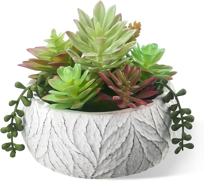 6 Inch Artificial Succulent Plant in White Ceramic Pot - Realistic Fake Succulent for Home Office Desk Bathroom Decor Coffee Table Decor