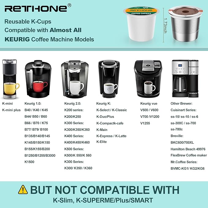 RETHONE K Cup Reusable Coffee Pods, Stainless Steel Reusable K Cups Compatible with Keurig 1.0 & 2.0 Coffee Machines Brewers Refillable K Cups (2 Pack)