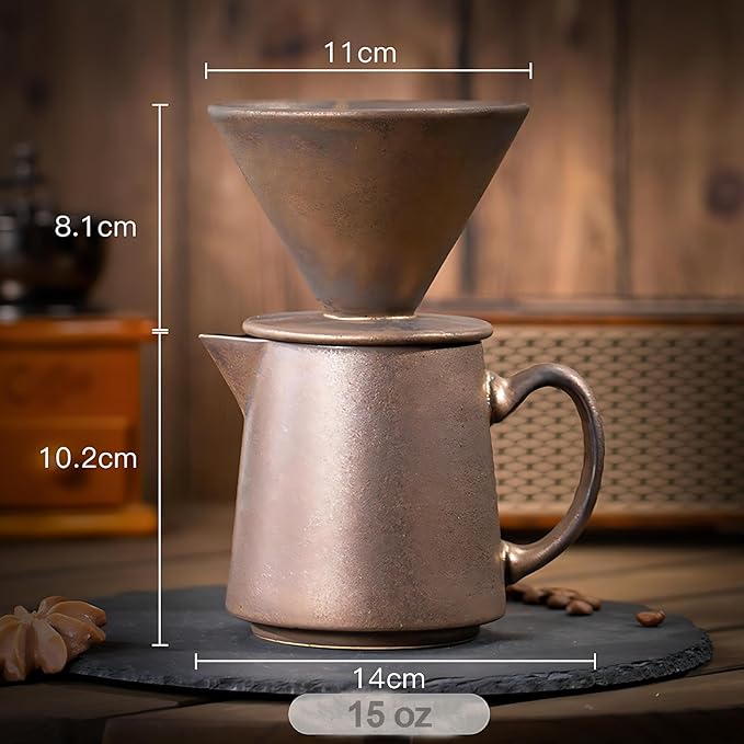Ceramic Pour Over Coffee Dripper Vintage, Pour Over Coffee Maker Set, Filter Cup, Coffee Brewer Cone Filter, V60 Dripper & Decanter set, for Home Café Restaurant, 1-2 Cup (Rusty)