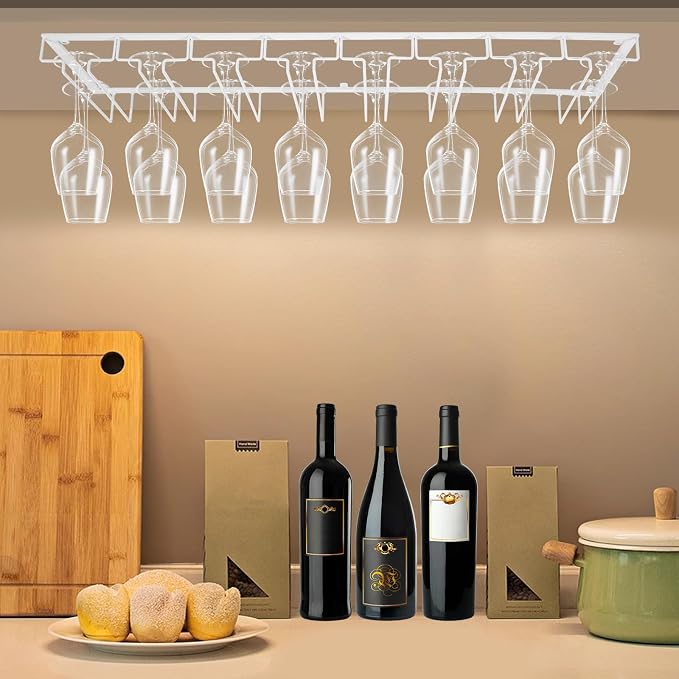 Wine Glass Rack Under Cabinet Max Capacity with 16 Wine Glasses, 8 Row Extreme Large Stemware Hanger, Metal Wine Glass Holder, DIY Bar Glass Storage Rack for Bar Counter, Kitchen(White)