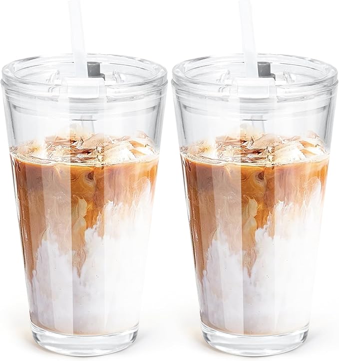 15oz Iced Coffee Glass Cup with Lid and Straw Thick Leak Proof Drinking Glasses Tumbler Set of 2 for Gift Cold Drink Smoothie Boba Tea(Clear*2)