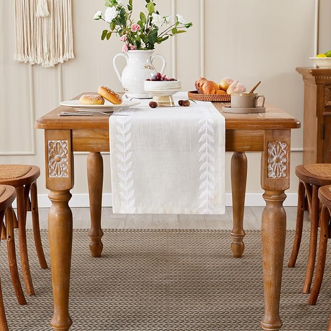 Wracra Embroidered Table Runner Irregular Willow Leaf Table Runners 72 Inches Long for Dresser Home Dining Table Decor,14 x 72 Inch, White