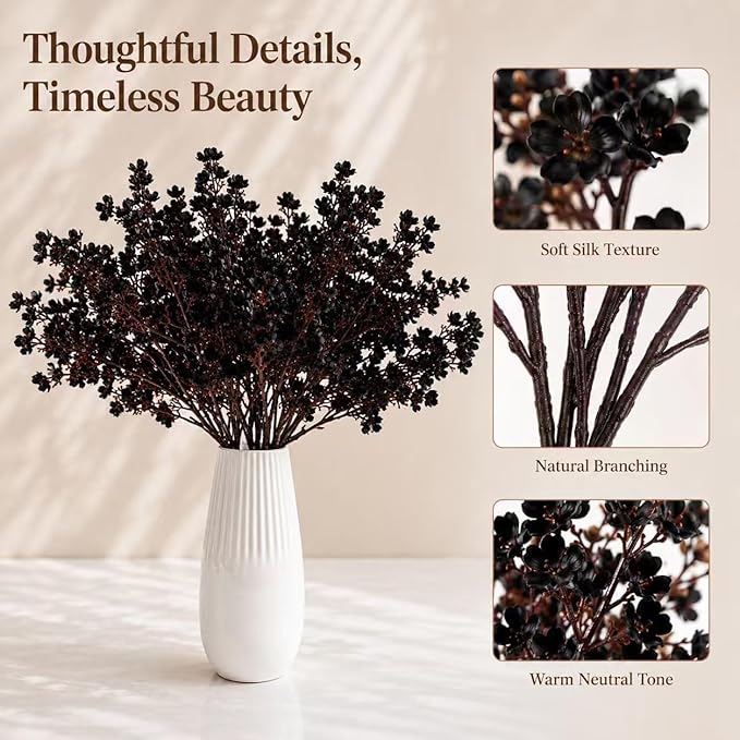 Mandy's Black Artificial Baby’s Breath Flowers 6 Bundles Silk Gypsophila, 18.5 Inch European Style Modern Home Decor Centerpiece, Neutral Wedding Flower Arrangements