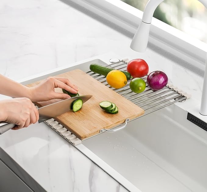 Tomorotec 17.7" x 12.5" Roll Up Dish Drying Rack Over Sink Drying Rack Sink Cover Kitchen Sink Accessories Gadget Multipurpose Organizer Foldable Stainless Steel Drainer