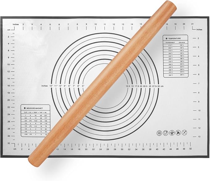 Wood Rolling Pin, QUELLANCE Wood French Roller Pin with Silicone Baking Mat, Beech Wood Dough Roller for Baking Dough, Pizza, Pie, Pastries, Pasta and Cookies