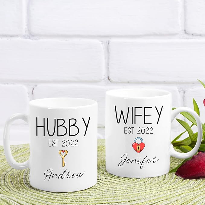 Custom Name With Est Coffee Mug, Hubby Wifey Mug Set Of 2, Personalized Couple Mug Cup For Valentines Day, Lover Mug, Couple Mugs Set, Couple Mugs, Wedding Mug, Couple Gifts, White 11oz Or 15oz