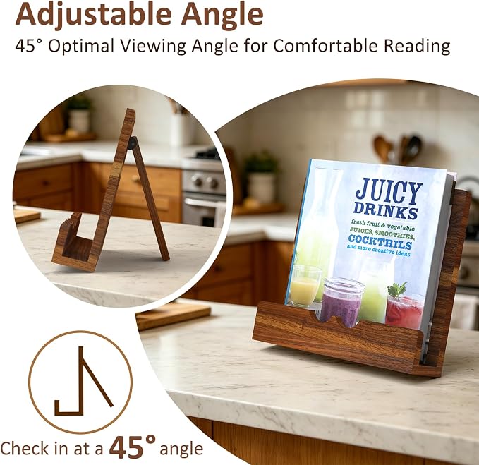 Acacia Wood Cookbook Stand Sturdy Recipe Book Holder for Kitchen Counter, Solid Wood Cook Book Stand for Thick Cookbooks, iPad & Tablets