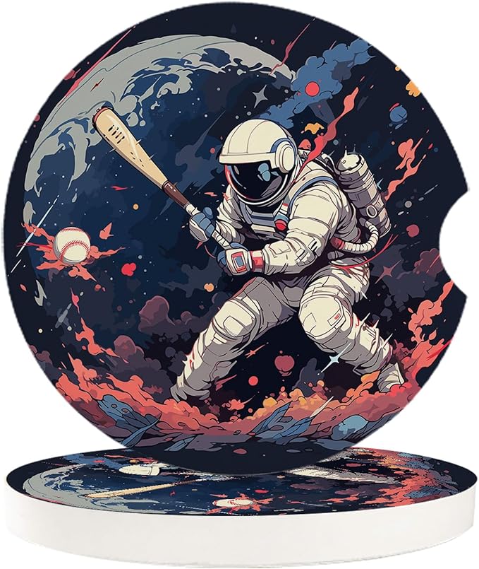 Car Coasters for Cup Holders 2.6" Dia Absorbent Coasters Set of 2 Car Interior Accessories for Women Men Ceramic Car Coaster for Drinks with Finger Grooves,Watercolor Astronaut Baseball Theme Black
